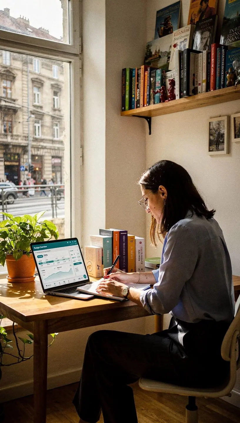 Személyes pénzügyi alapok bemutatása könyvekkel és grafikonokkal egy íróasztalon.